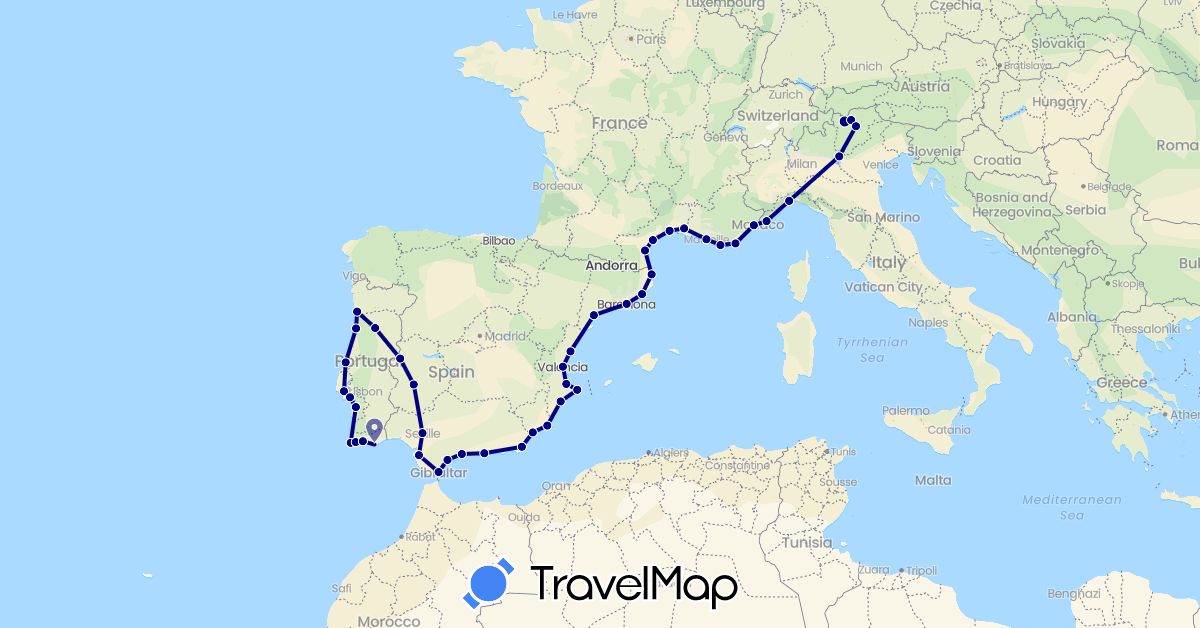 TravelMap itinerary: driving in Spain, France, Gibraltar, Italy, Portugal (Europe)